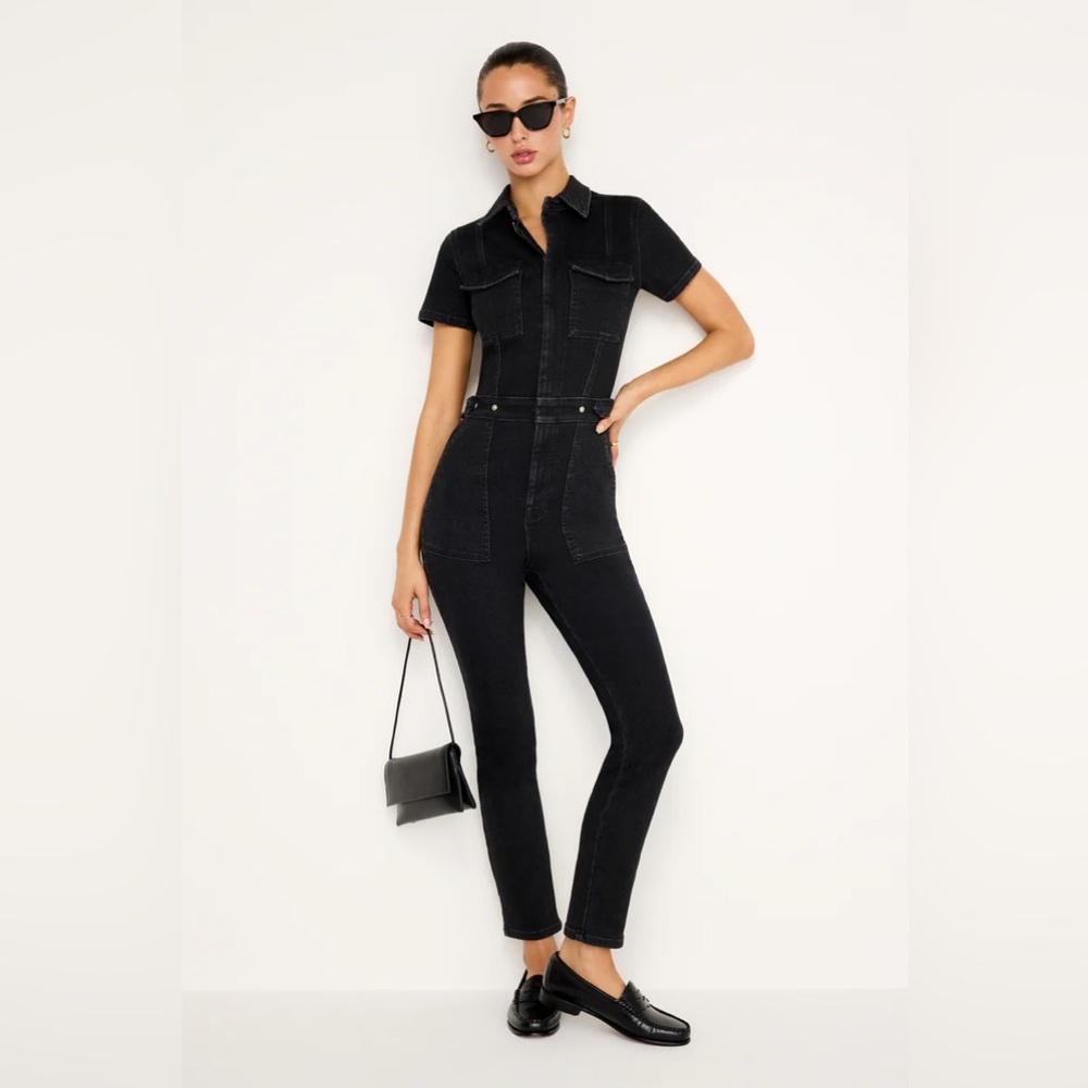 Good American Fit For Success Straight Leg Black Denim Jumpsuit